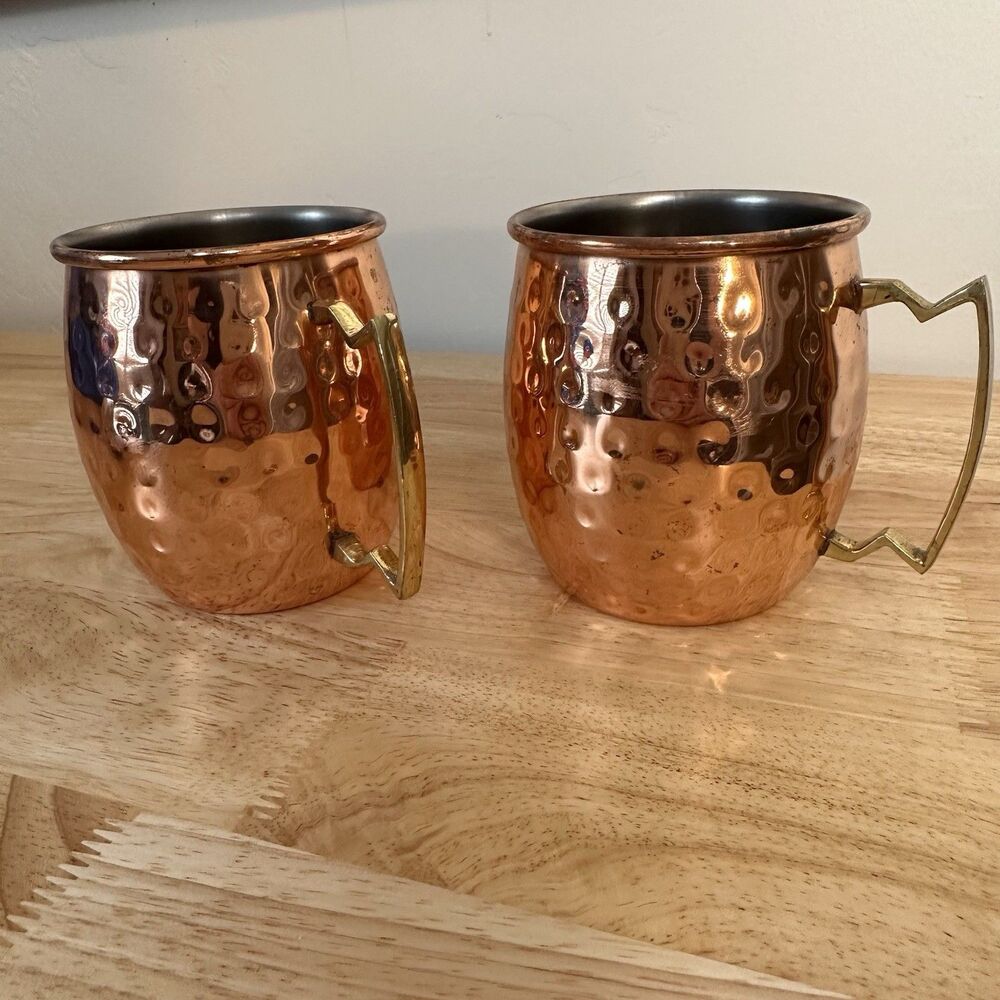 Hammered Copper Moscow Mugs Set of 2, Stainless Steel Lined, Brass Handles